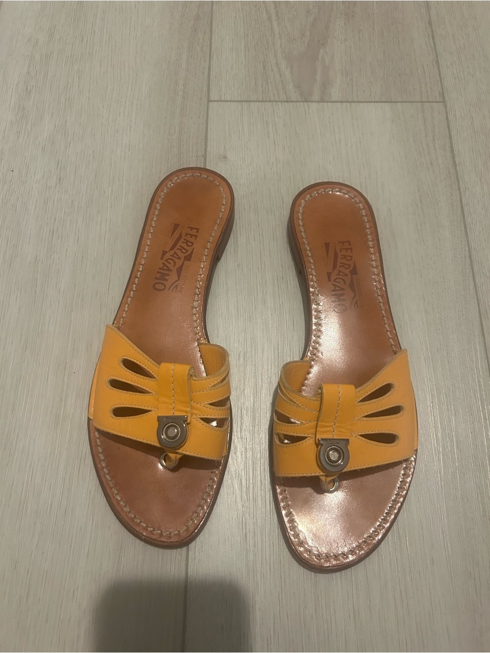 Salvatore Ferragamo Yellow Leather Cutout Slide Sandals